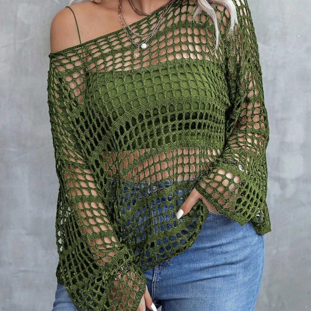 Army Green Casual Women's Plus Size Asymmetrical Hollow Out Sweater